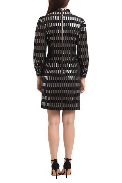 Mock Neck Long Sleeve Short Cocktail Black Silver Dress by Maggy London G5428M