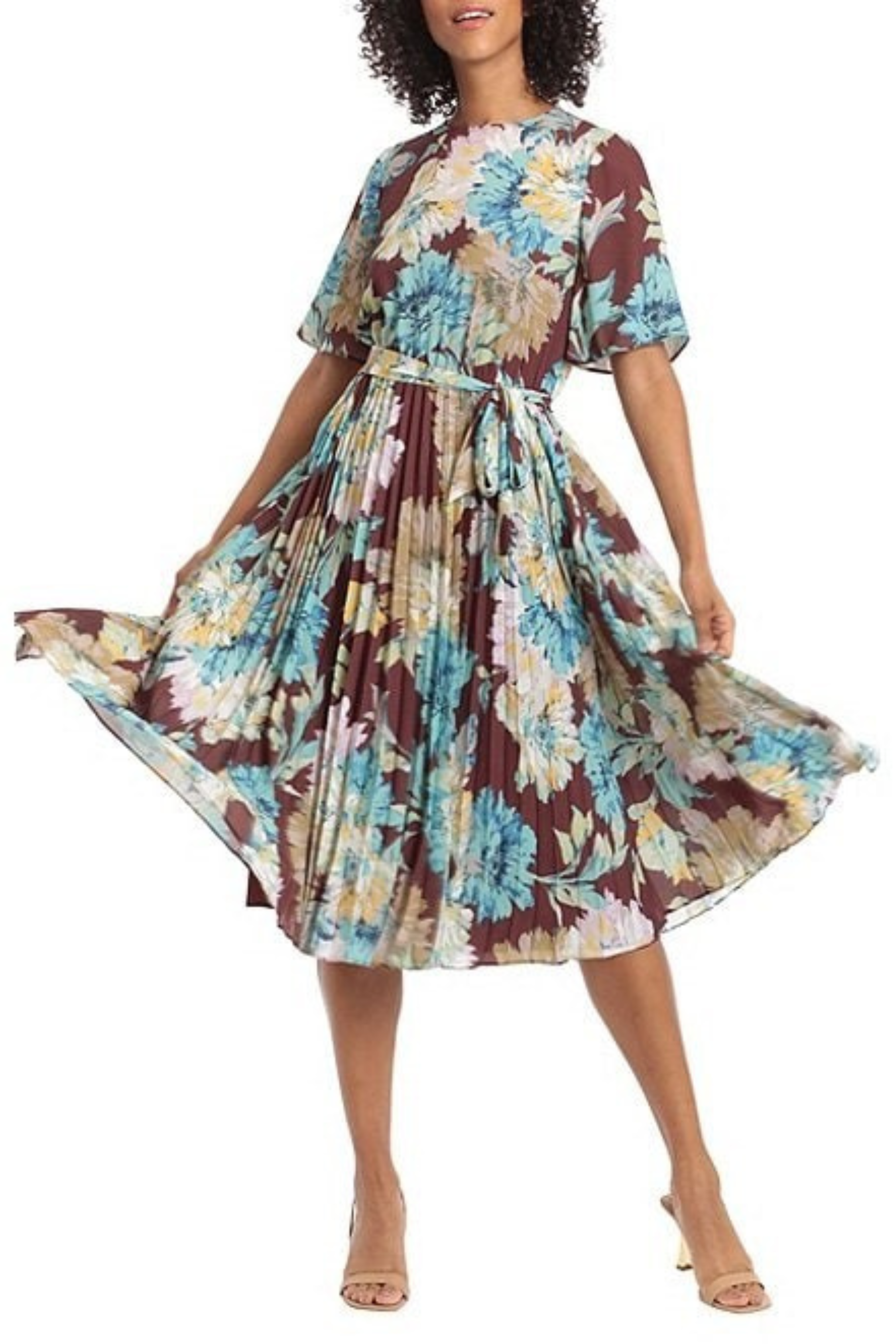Maggy London Floral Print Pleated Midi A-Line Dress CHOCOLATE BLUE / 4