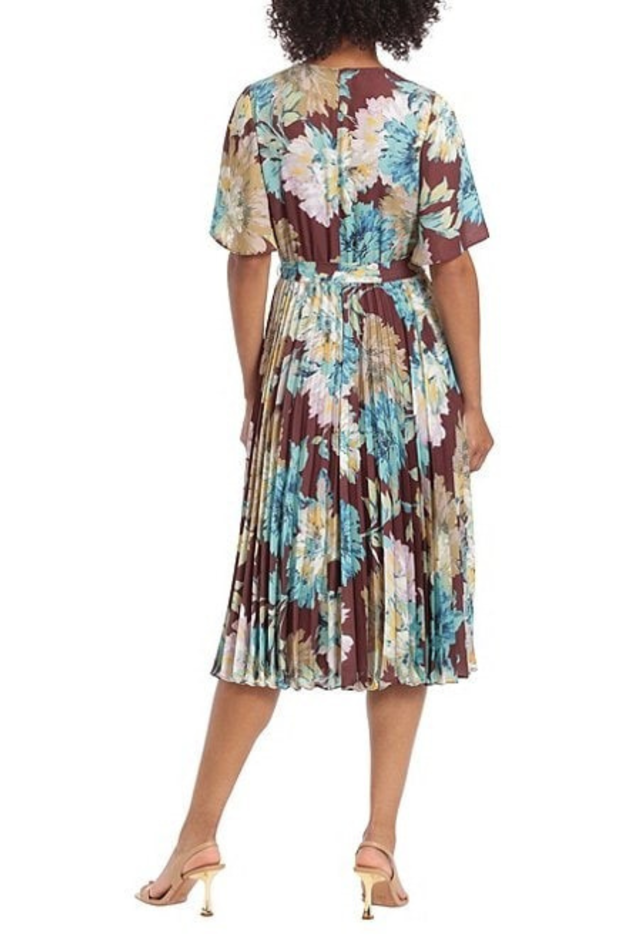 Floral Print Pleated Midi Chocolate Blue Short Flutter Sleeve A-Line Dress by Maggy London G5436M