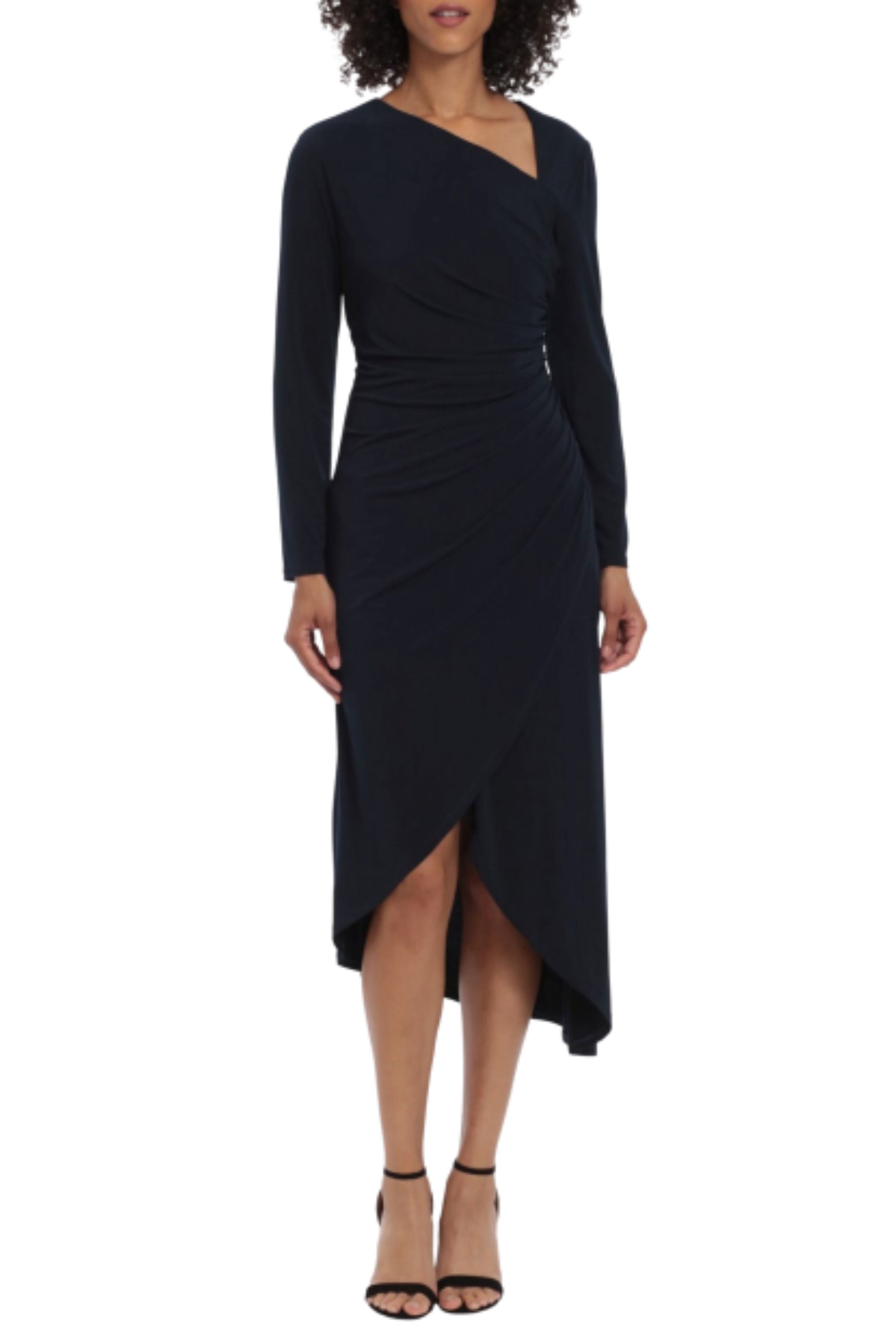 Asymmetrical Neckline Midnight Blue Long Sleeve Ruched High Low Jersey Midi Dress by Maggy London G5459M