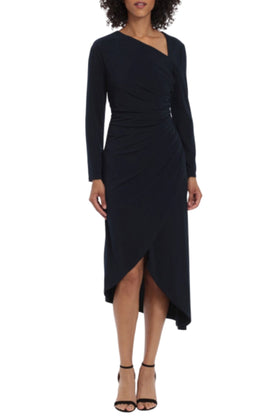 Maggy London G5459M Asymmetrical Neckline Midnight Blue Long Sleeve Ruched High Low Jersey Midi Dress