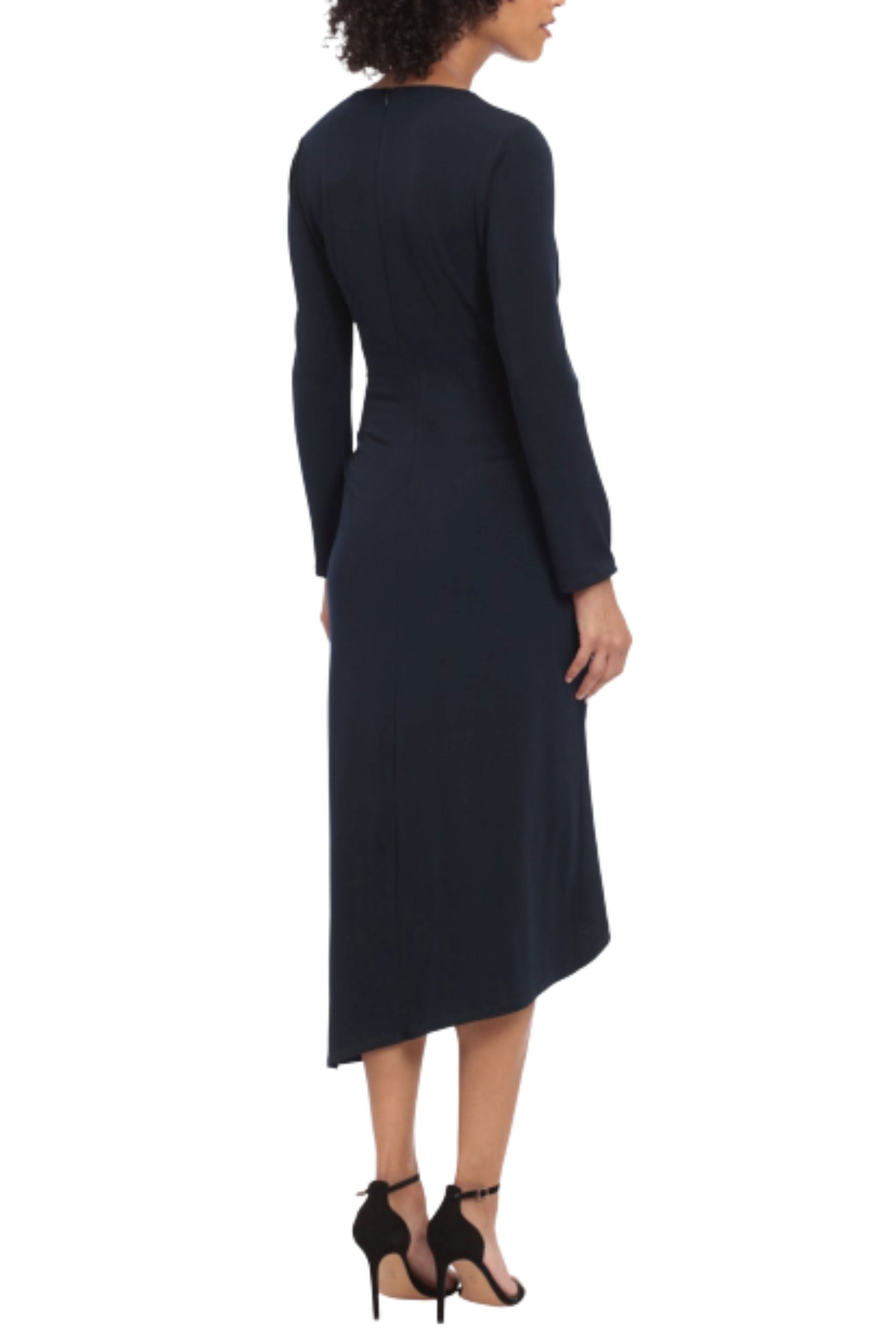 Asymmetrical Neckline Midnight Blue Long Sleeve Ruched High Low Jersey Midi Dress by Maggy London G5459M