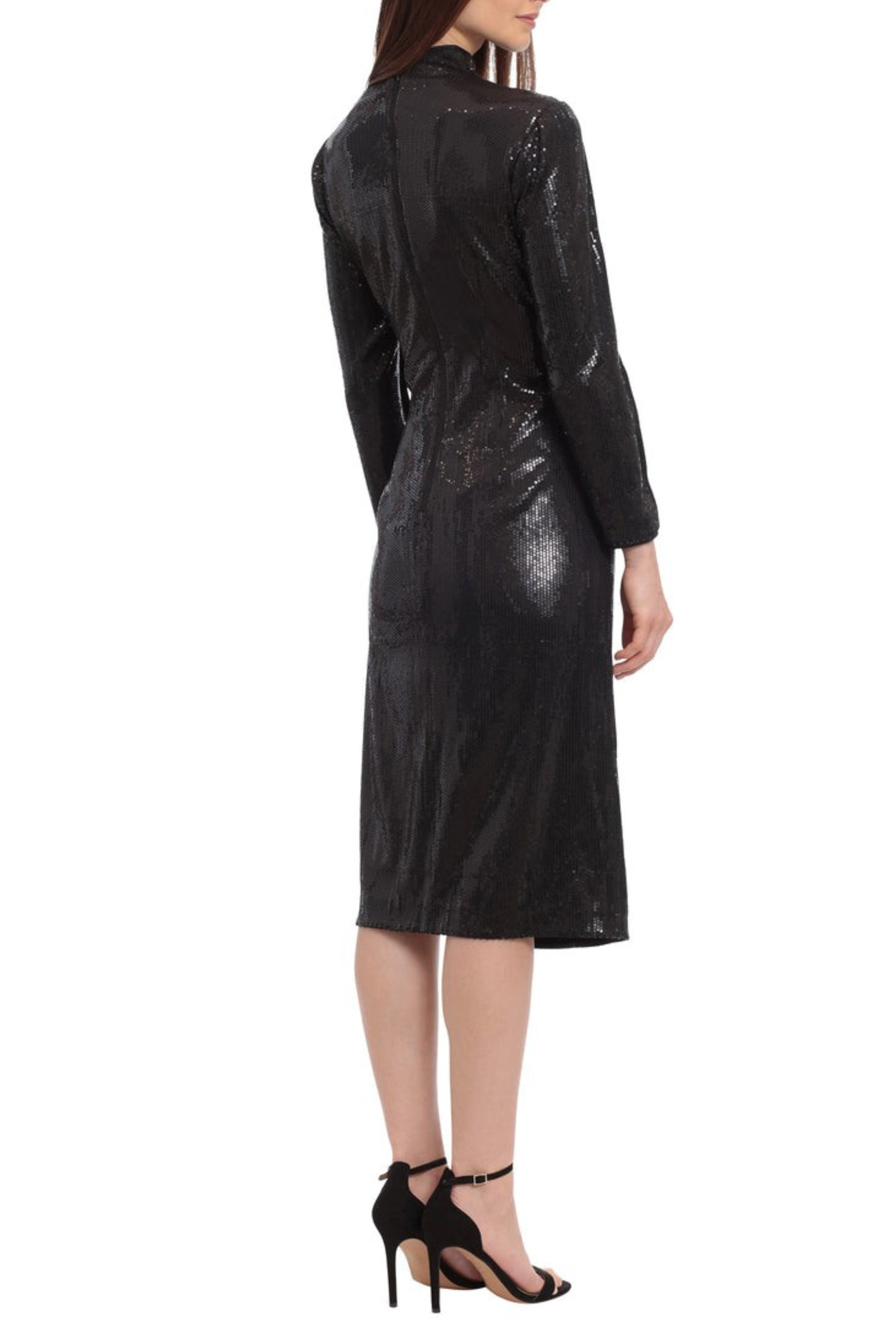 Ruched Bodice Mock Neck Midi Black Sequin Matte Jersey Sequin Party Dress by Maggy London G5505M