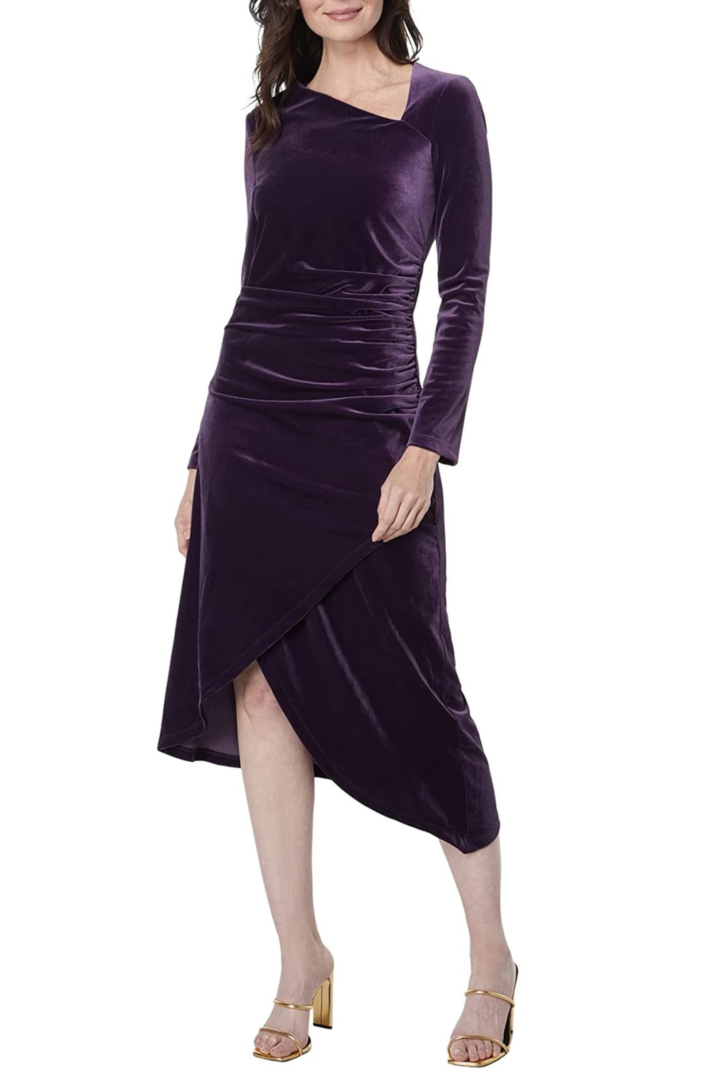 Velvet Asymetrical Neckline High-Low Amethyst Delight Asymmetrical Neckline Ruched Asymmetrical Hem Party Dress by Maggy London G5589M