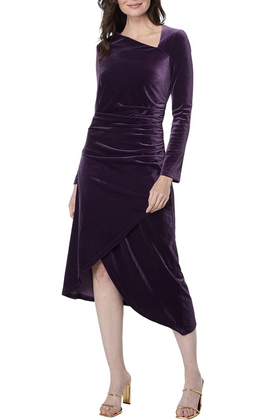 Maggy London G5589M Velvet Asymetrical Neckline High-Low Amethyst Delight Asymmetrical Neckline Ruched Asymmetrical Hem Party Dress