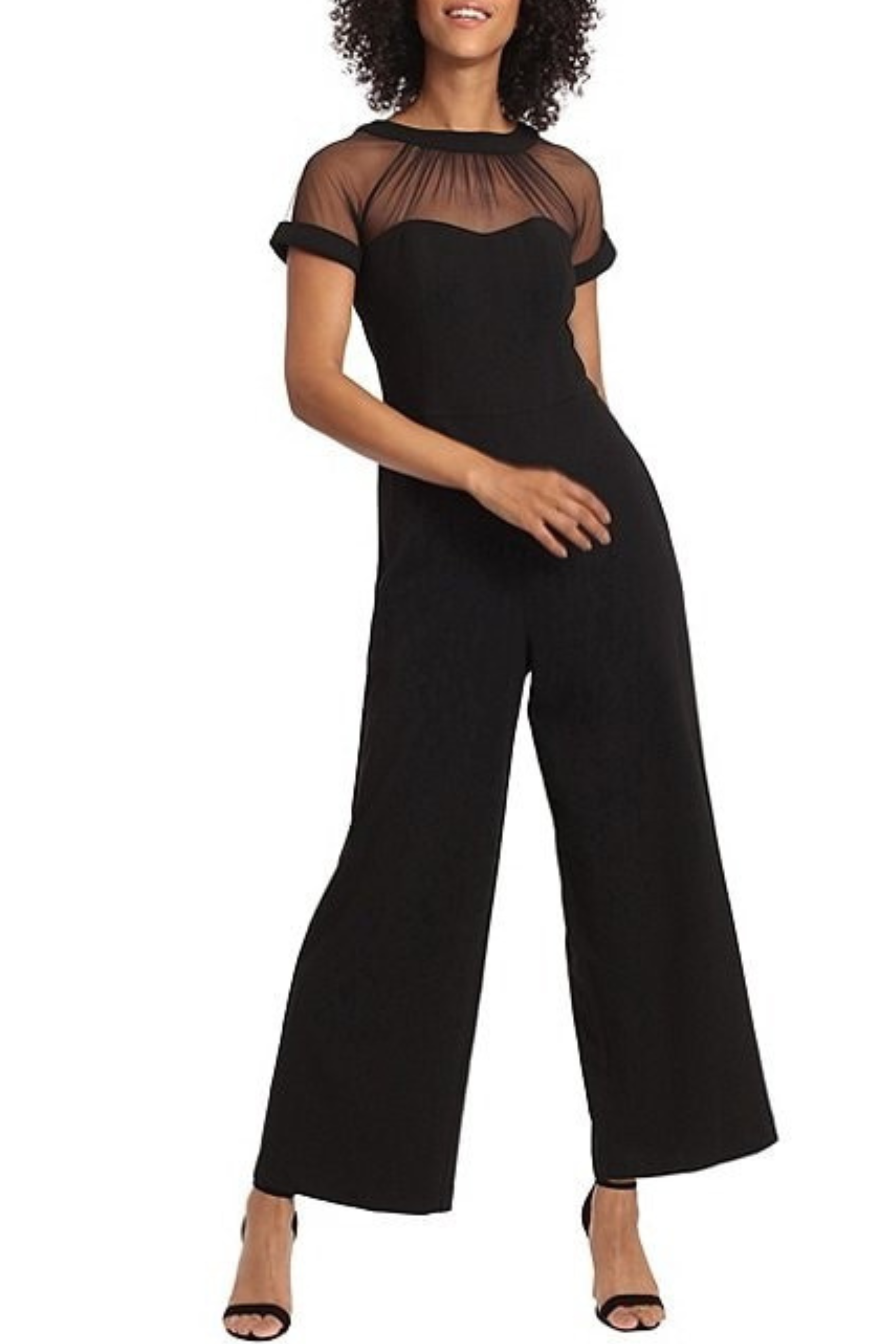 Illusion Neckline Black Short Sleeve V-Back Scuba Crepe Mesh Wide Leg Jumpsuit by Maggy London G5593M