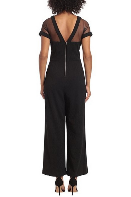 Illusion Neckline Black Short Sleeve V-Back Scuba Crepe Mesh Wide Leg Jumpsuit by Maggy London G5593M