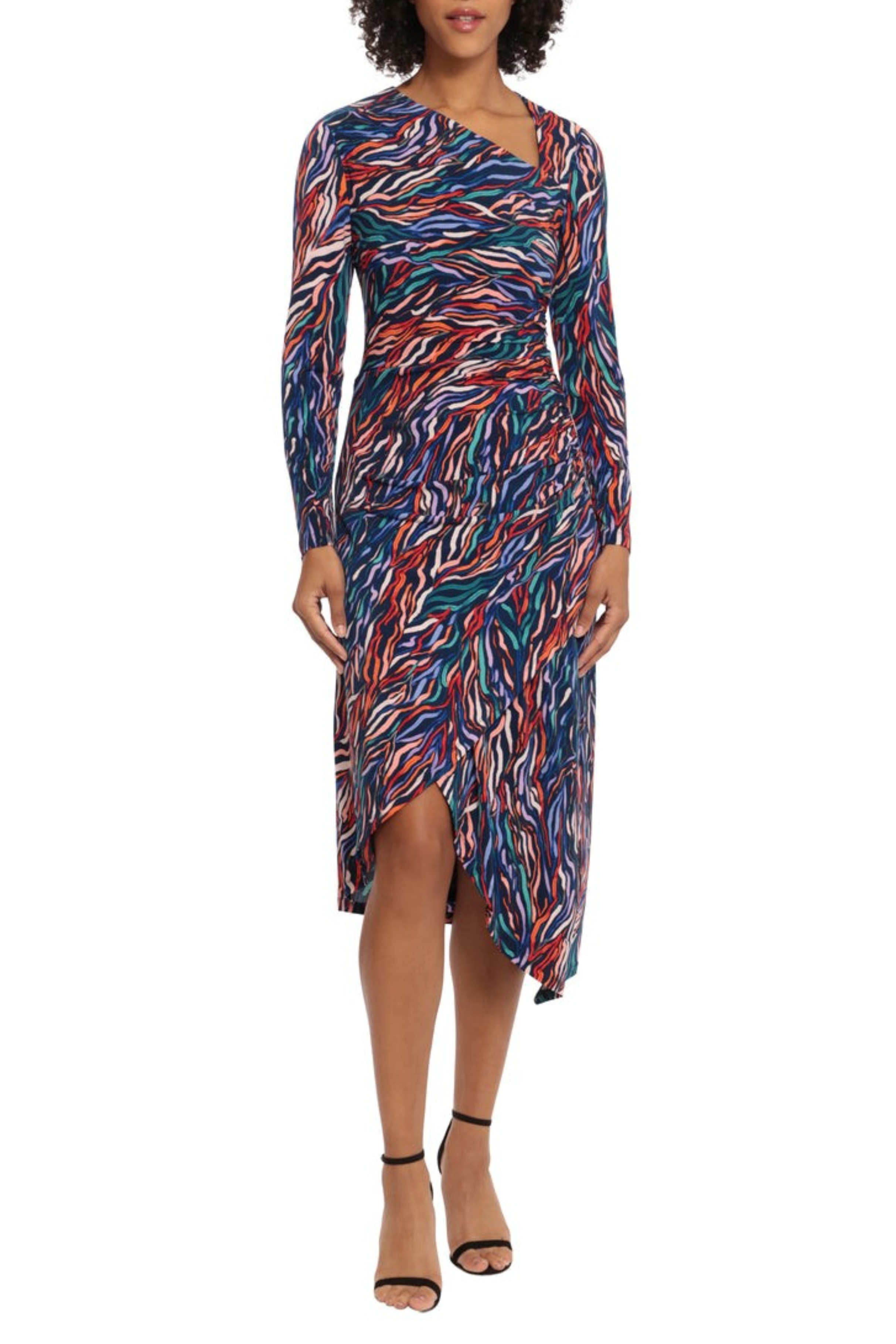 Maggy London G5602M Asymmetric Neckline Multi Color NAVY TANGERINE NAVY TANGERINE PERI / 18