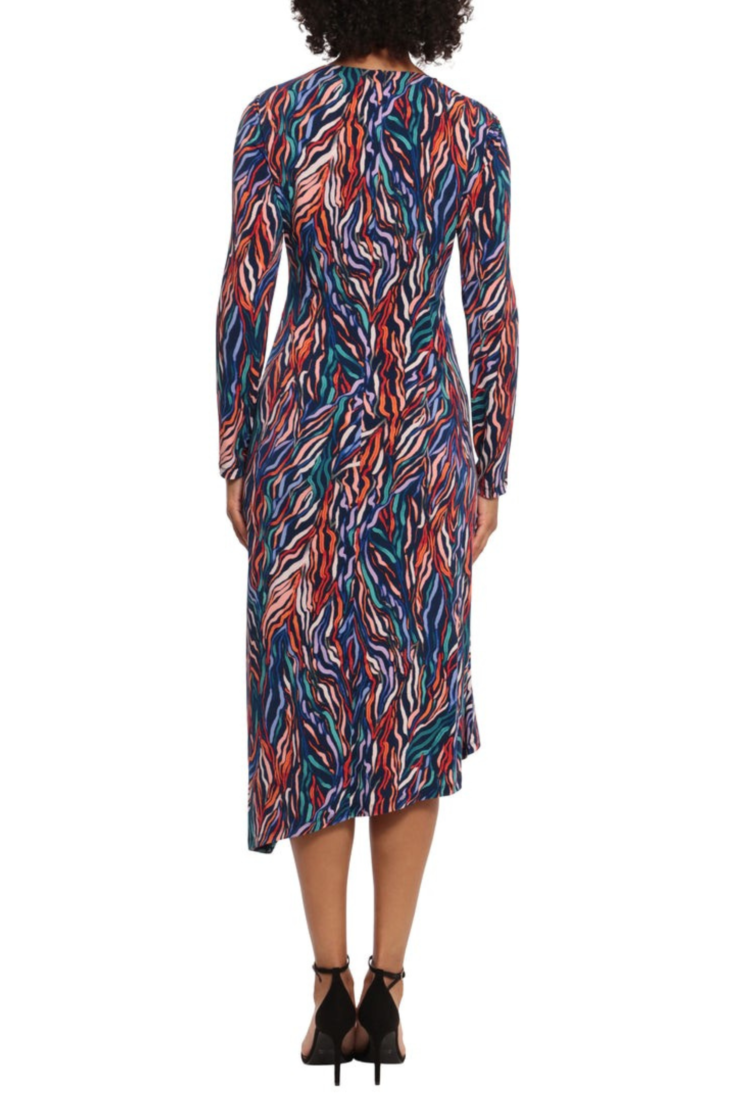 Asymmetric Neckline Multi Color Navy Tangerine Peri Asymmetrical Neckline Ruched Jersey Midi Dress by Maggy London G5602M