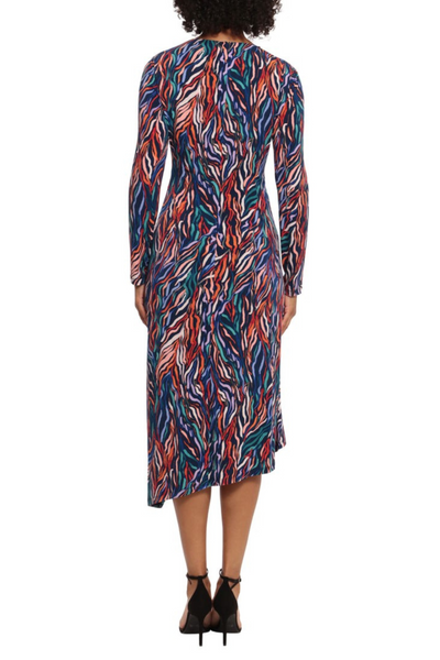 Asymmetric Neckline Multi Color Navy Tangerine Peri Asymmetrical Neckline Ruched Jersey Midi Dress by Maggy London G5602M