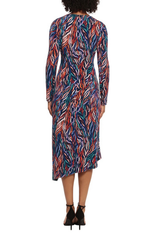 Asymmetric Neckline Multi Color Navy Tangerine Peri Asymmetrical Neckline Ruched Jersey Midi Dress by Maggy London G5602M