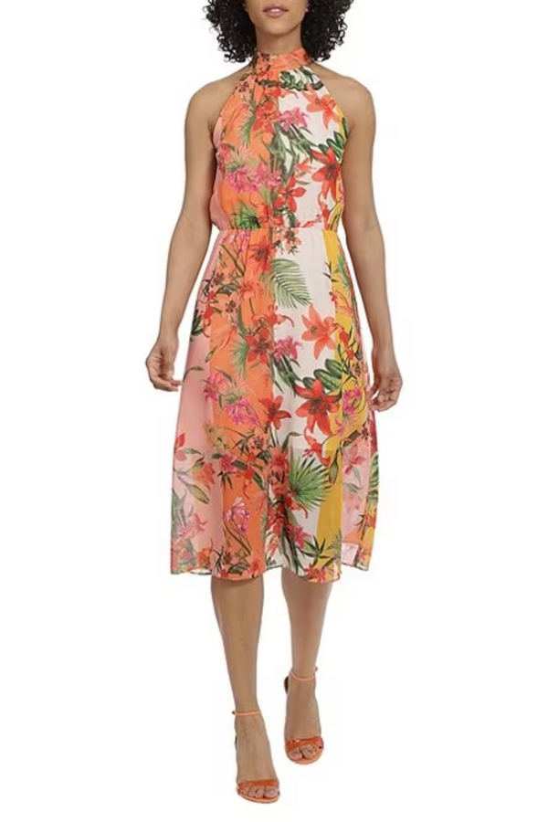 Floral Striped Print Halter Ivory Orange Halter Neck Floral Print Multi-Color Stripe Print Chiffon Dress by Maggy London G5640M