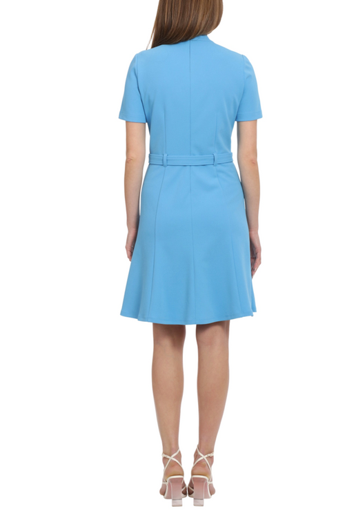 Short-Sleeve Belted V-Neck Bonnie Blue Scuba Crepe Dress by Maggy London G5646M