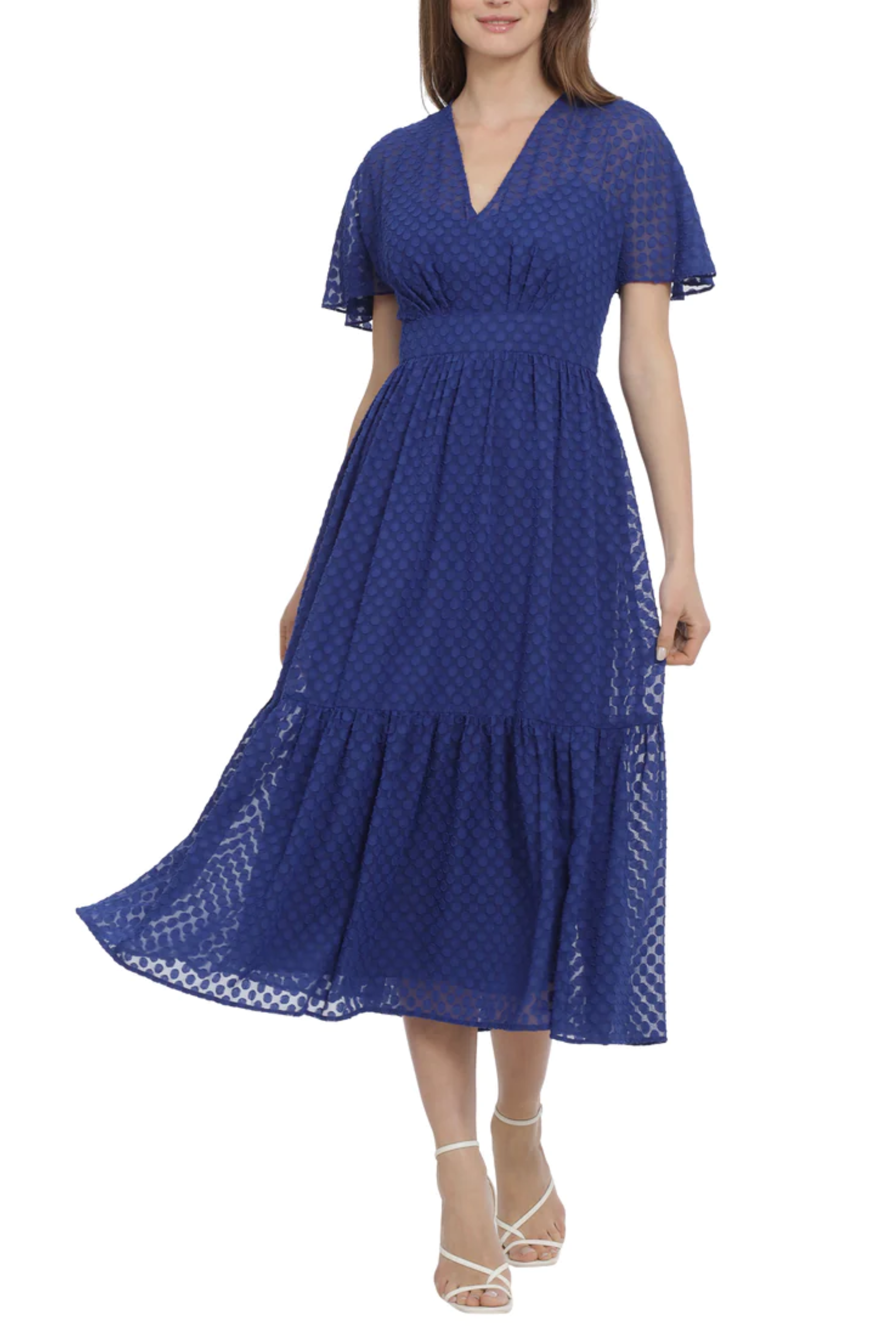 Short Sheer-Sleeve Blue V-Neck Textured Print Sash Belt Burn-Out Chiffon Midi Dress by Maggy London G5651M