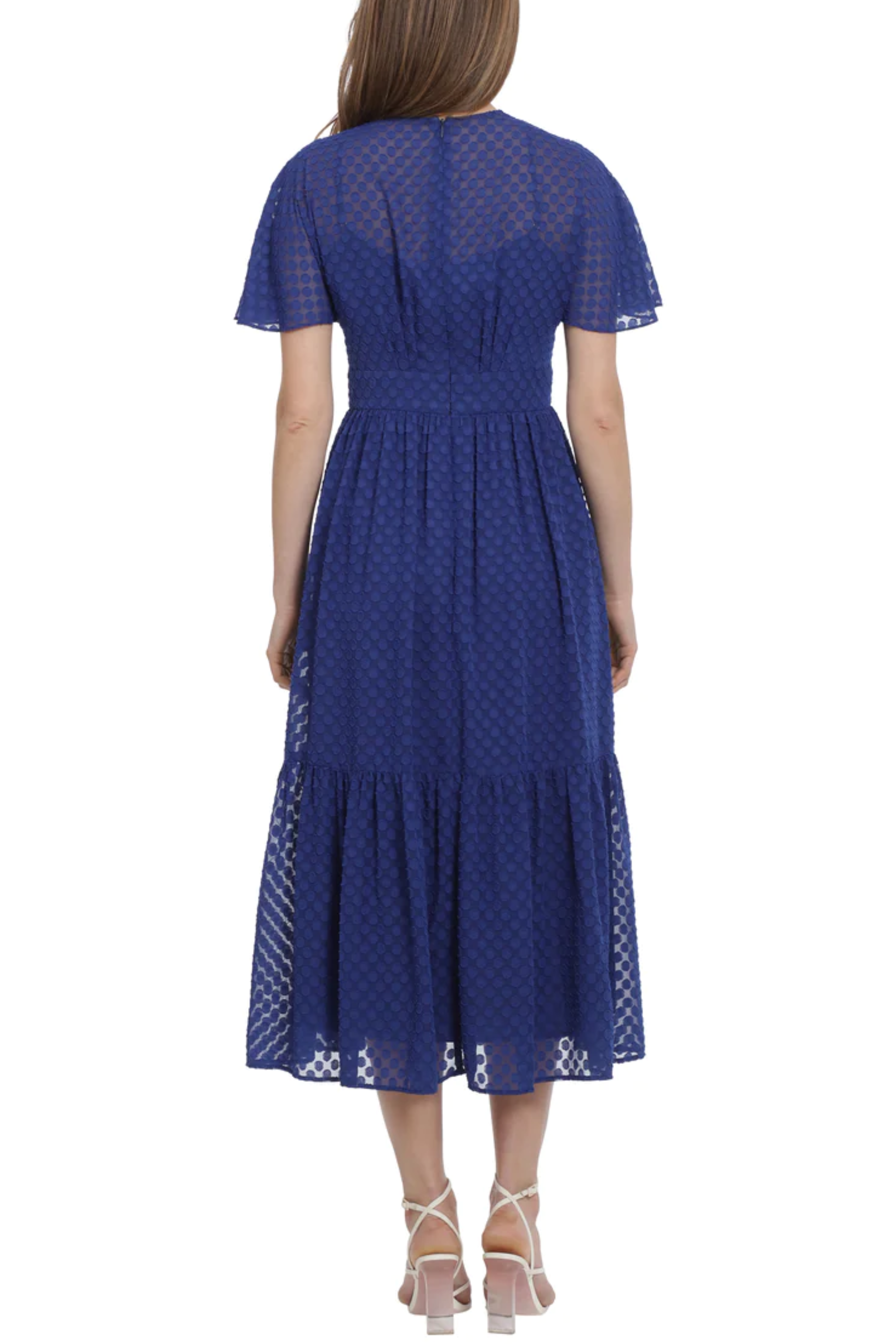 Short Sheer-Sleeve Blue V-Neck Textured Print Sash Belt Burn-Out Chiffon Midi Dress by Maggy London G5651M
