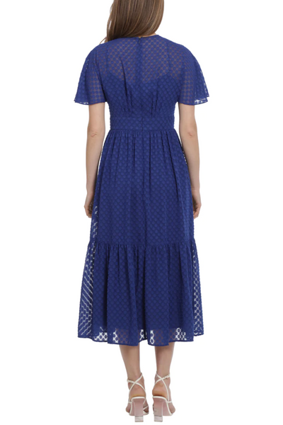 Short Sheer-Sleeve Blue V-Neck Textured Print Sash Belt Burn-Out Chiffon Midi Dress by Maggy London G5651M
