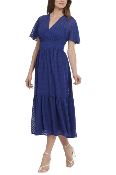 Short Sheer-Sleeve Blue V-Neck Textured Print Sash Belt Burn-Out Chiffon Midi Dress by Maggy London G5651M