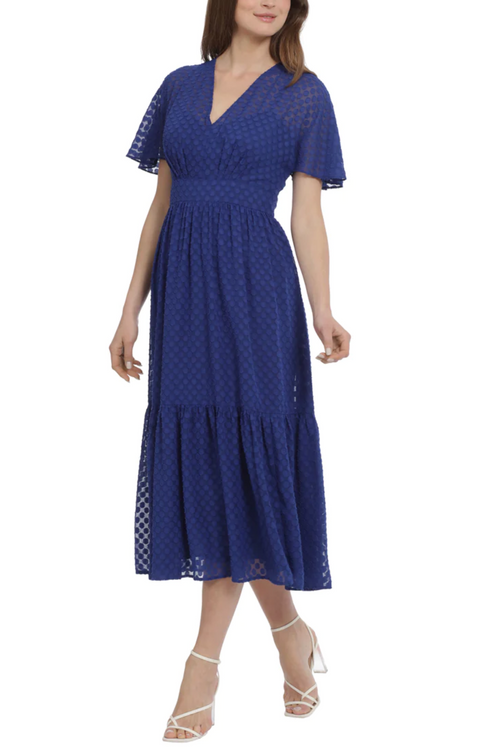 Short Sheer-Sleeve Blue V-Neck Textured Print Sash Belt Burn-Out Chiffon Midi Dress by Maggy London G5651M