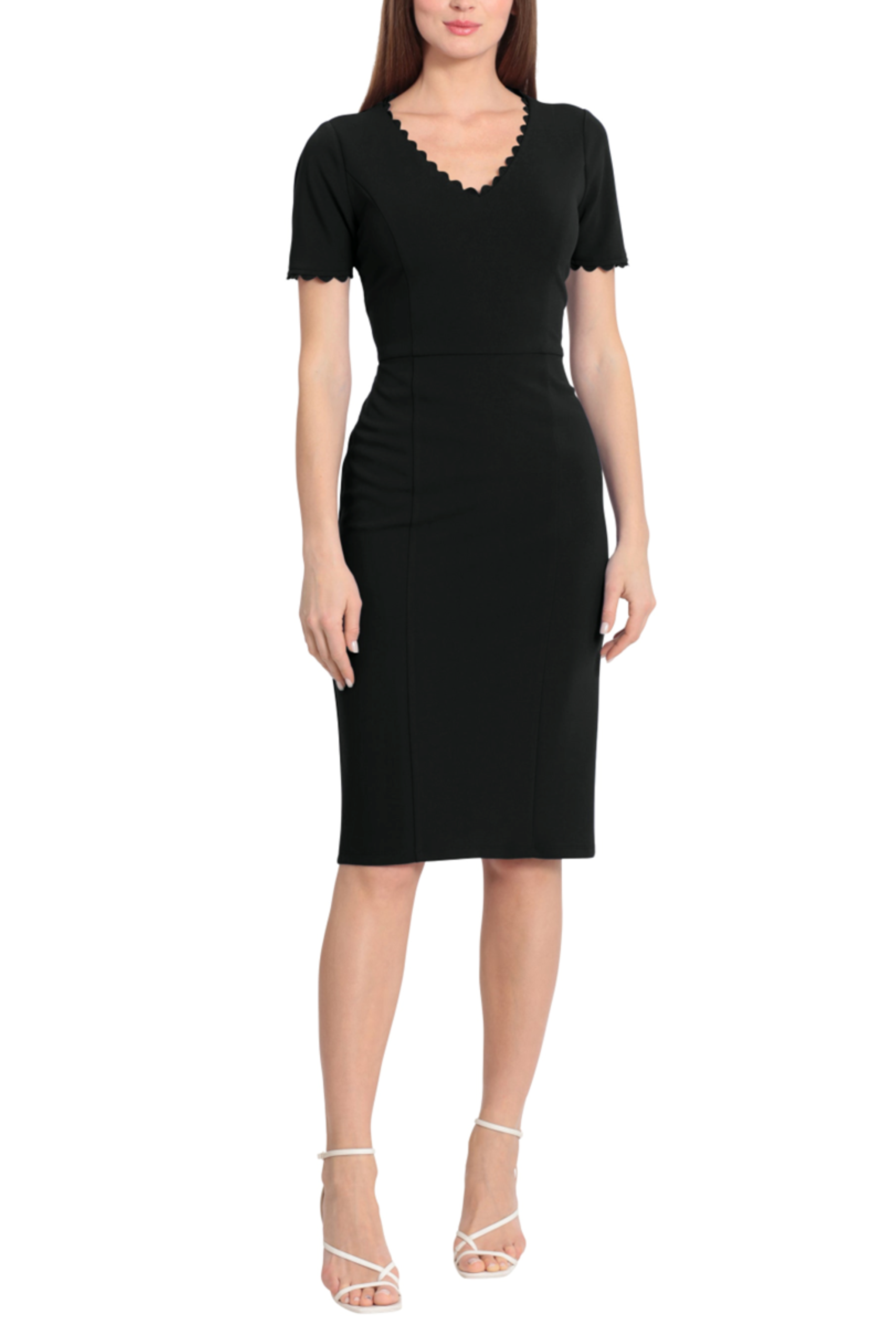 Ric Rac Trim Short-Sleeve Black V-Neck Side Slit Scuba Crepe Dress by Maggy London G5663M