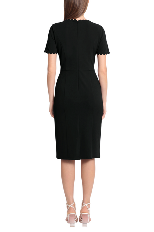 Ric Rac Trim Short-Sleeve Black V-Neck Side Slit Scuba Crepe Dress by Maggy London G5663M