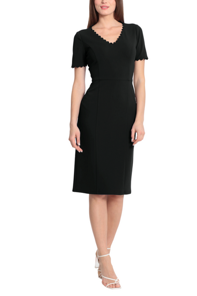 Ric Rac Trim Short-Sleeve Black V-Neck Side Slit Scuba Crepe Dress by Maggy London G5663M