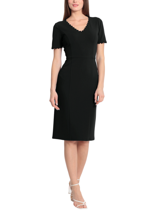 Ric Rac Trim Short-Sleeve Black V-Neck Side Slit Scuba Crepe Dress by Maggy London G5663M