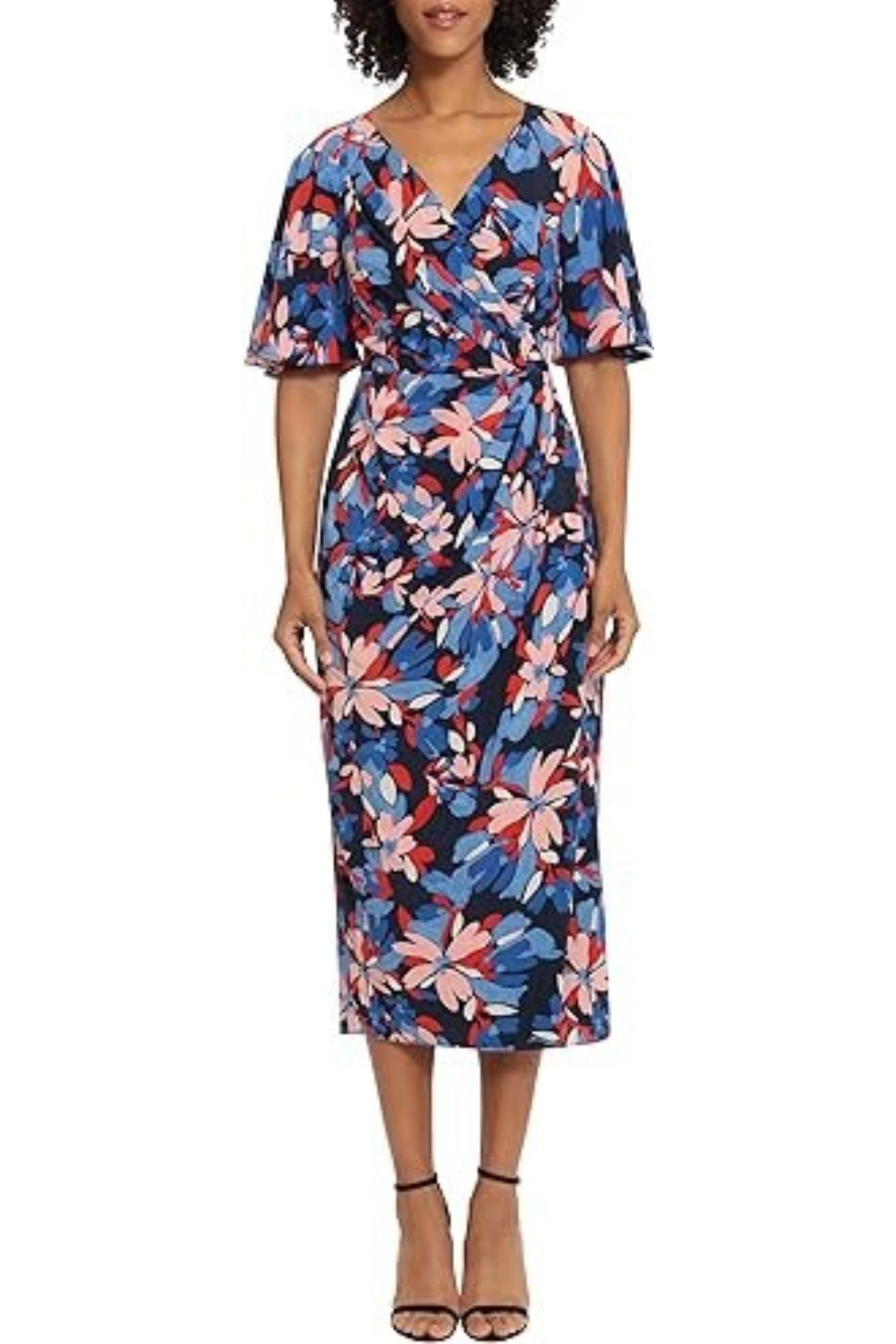 Floral Faux-Wrap Navy Red Surplice V-Neck Floral Print Ruched Midi Dress by Maggy London G5684M