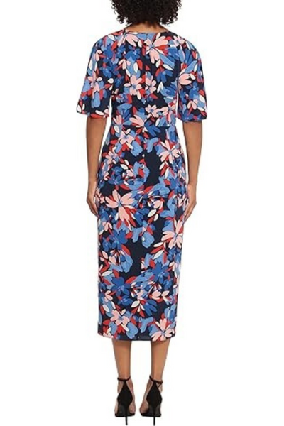 Floral Faux-Wrap Navy Red Surplice V-Neck Floral Print Ruched Midi Dress by Maggy London G5684M