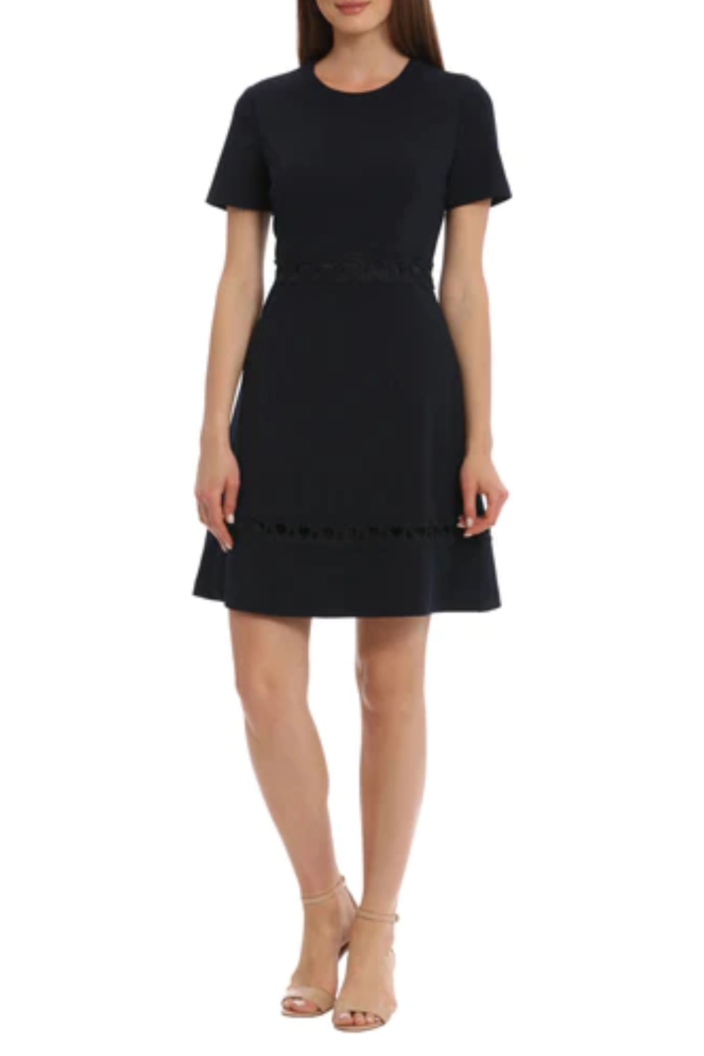 Short Sleeve Swirly Applique Twilight Navy Round Neckline Scuba Crepe Dress by Maggy London G5714M