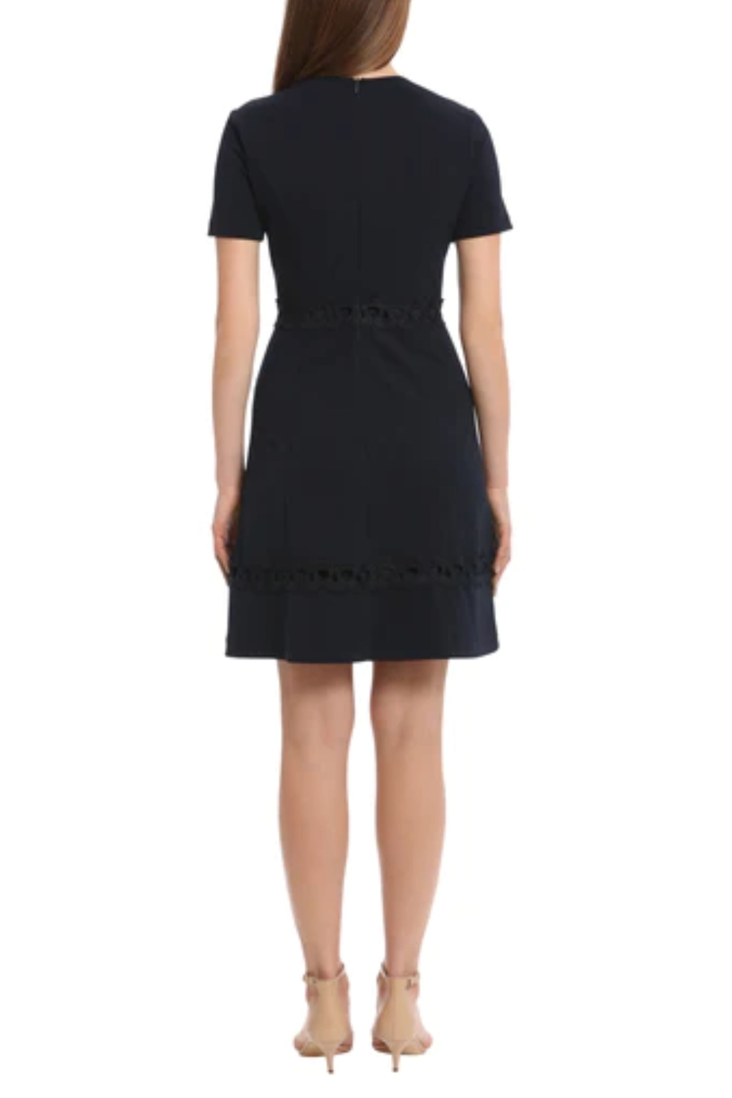 Short Sleeve Swirly Applique Twilight Navy Round Neckline Scuba Crepe Dress by Maggy London G5714M