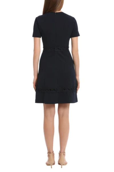 Short Sleeve Swirly Applique Twilight Navy Round Neckline Scuba Crepe Dress by Maggy London G5714M