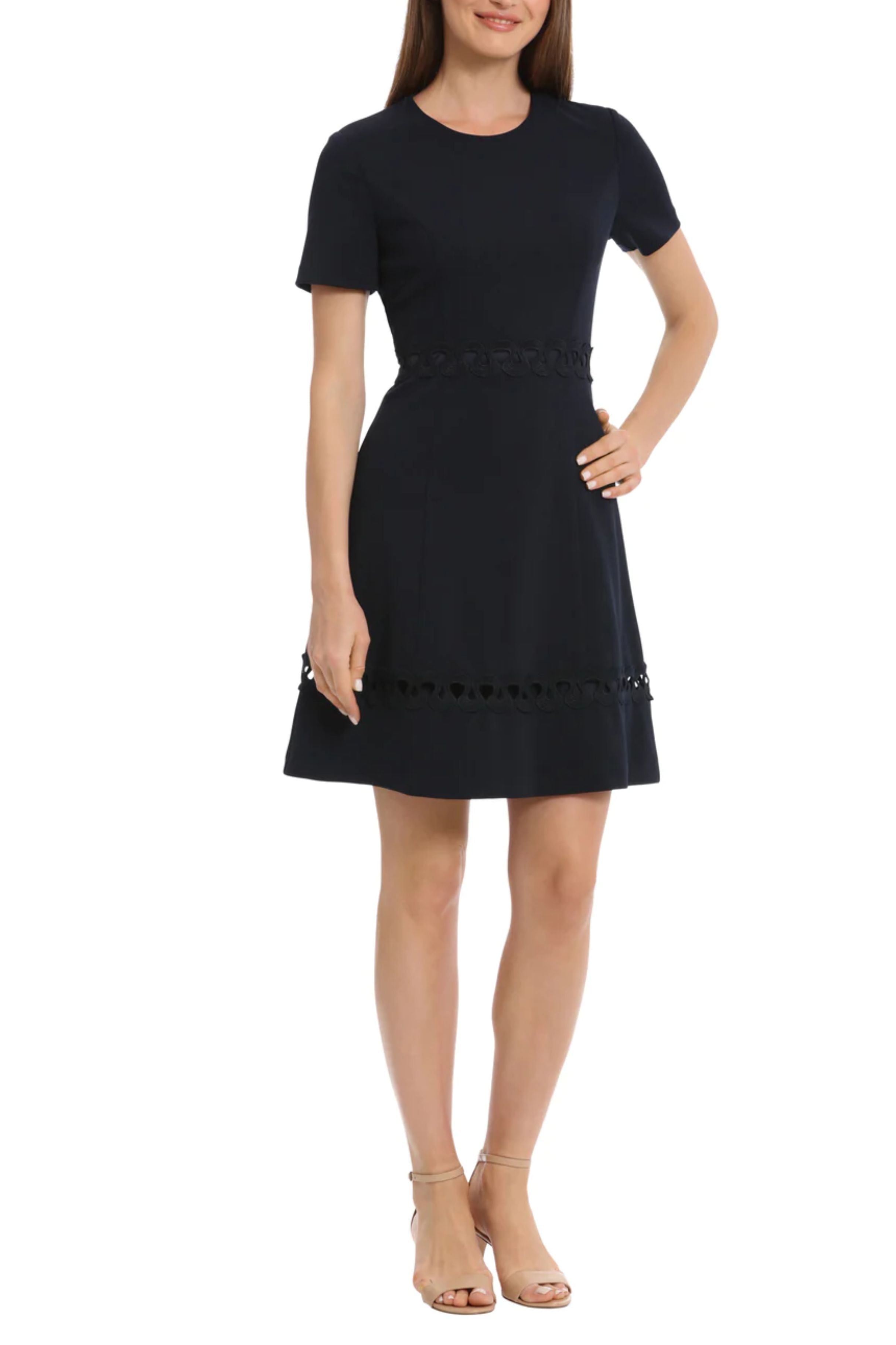 Short Sleeve Swirly Applique Twilight Navy Round Neckline Scuba Crepe Dress by Maggy London G5714M