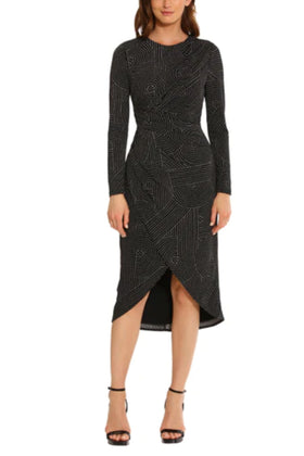 Maggy London G5741M Long Sleeve Draped Detail Black Soft White Jewel Neckline Jersey Dress