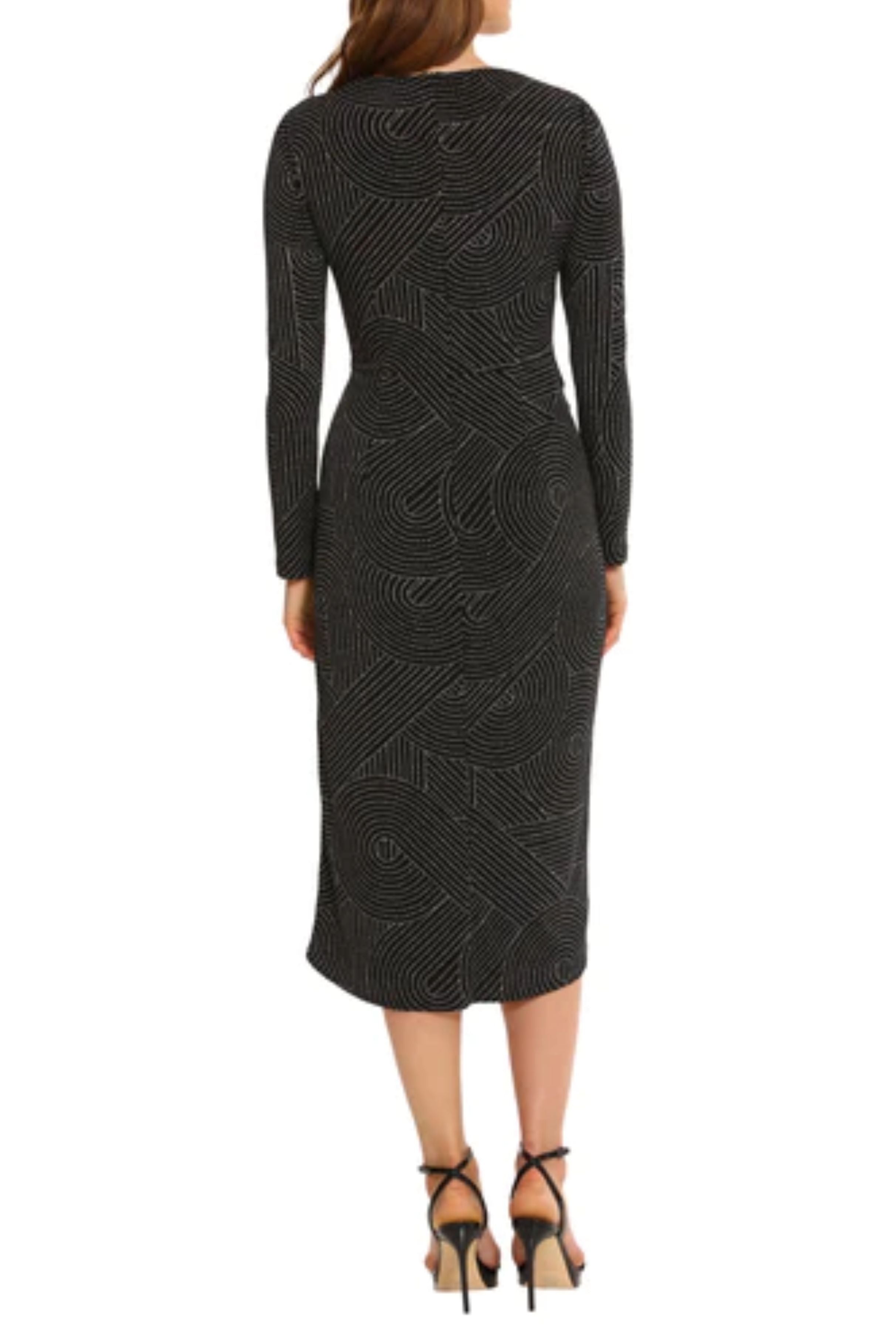 Long Sleeve Draped Detail Black Soft White Jewel Neckline Jersey Dress by Maggy London G5741M