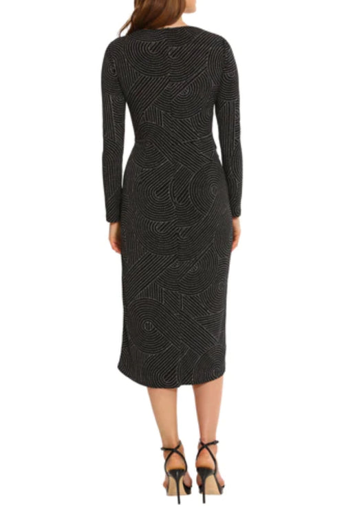 Long Sleeve Draped Detail Black Soft White Jewel Neckline Jersey Dress by Maggy London G5741M