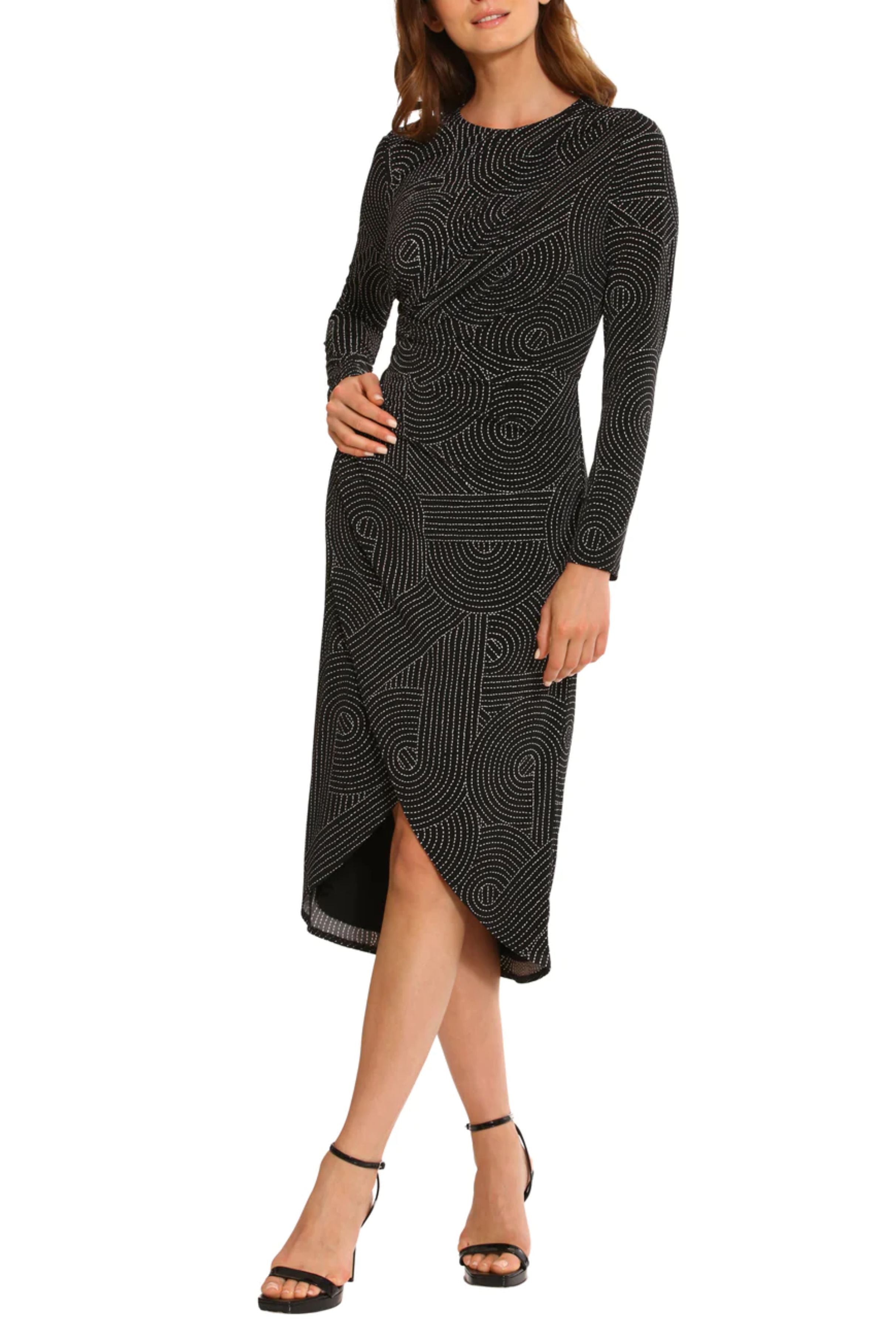 Long Sleeve Draped Detail Black Soft White Jewel Neckline Jersey Dress by Maggy London G5741M
