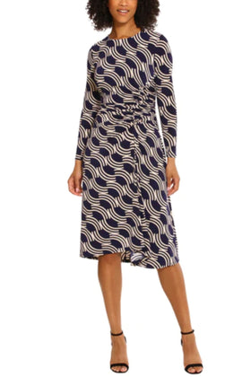 Maggy London G5766M Abstract Print Ruched Waist Navy Cream Round Neckline Long Sleeve Jersey Dress