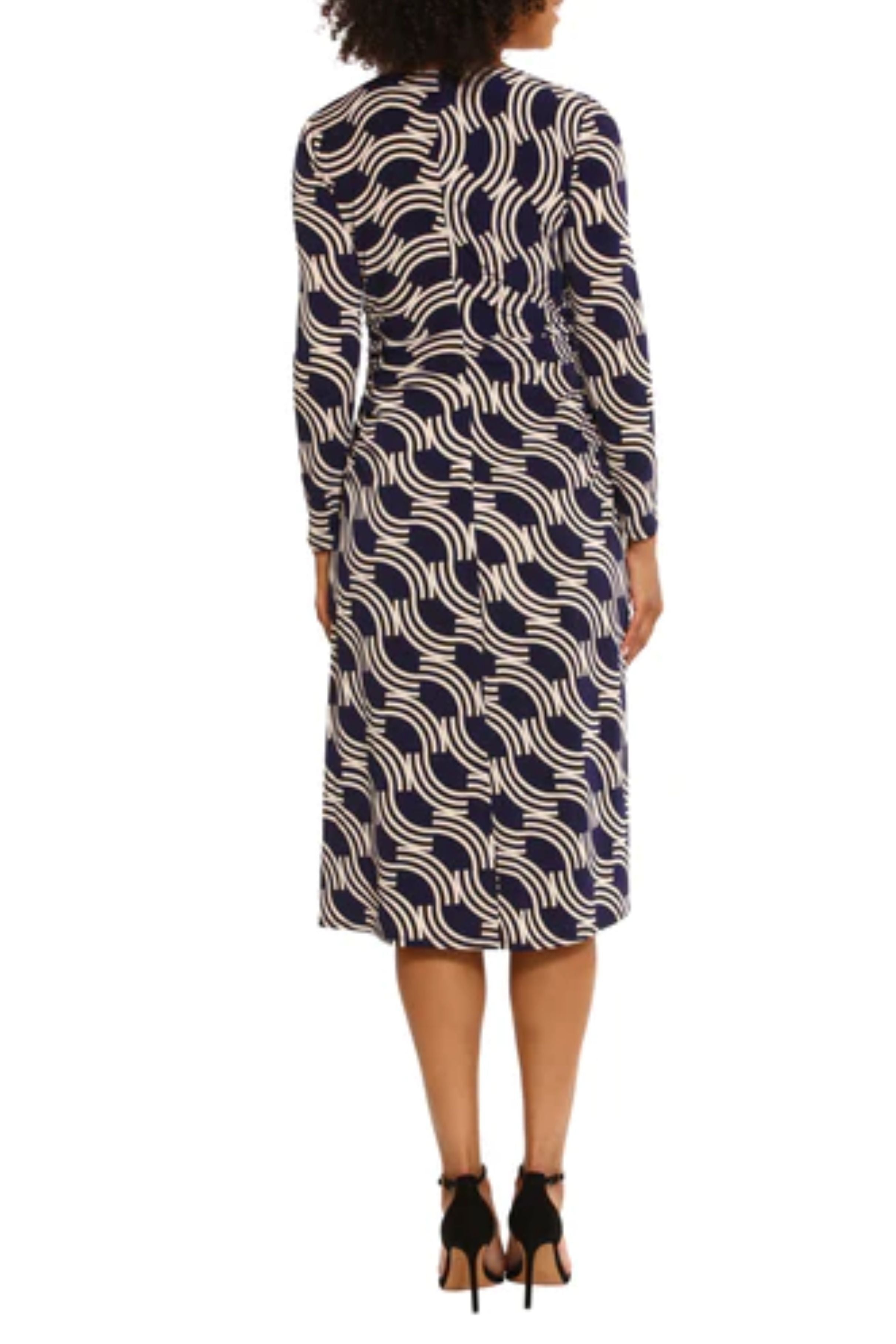 Abstract Print Ruched Waist Navy Cream Round Neckline Long Sleeve Jersey Dress by Maggy London G5766M