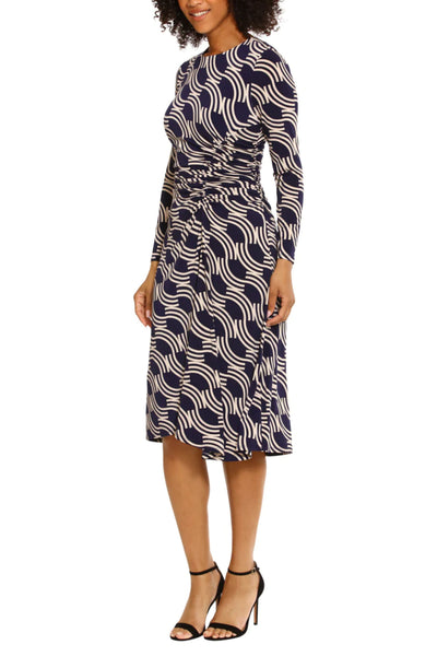 Abstract Print Ruched Waist Navy Cream Round Neckline Long Sleeve Jersey Dress by Maggy London G5766M