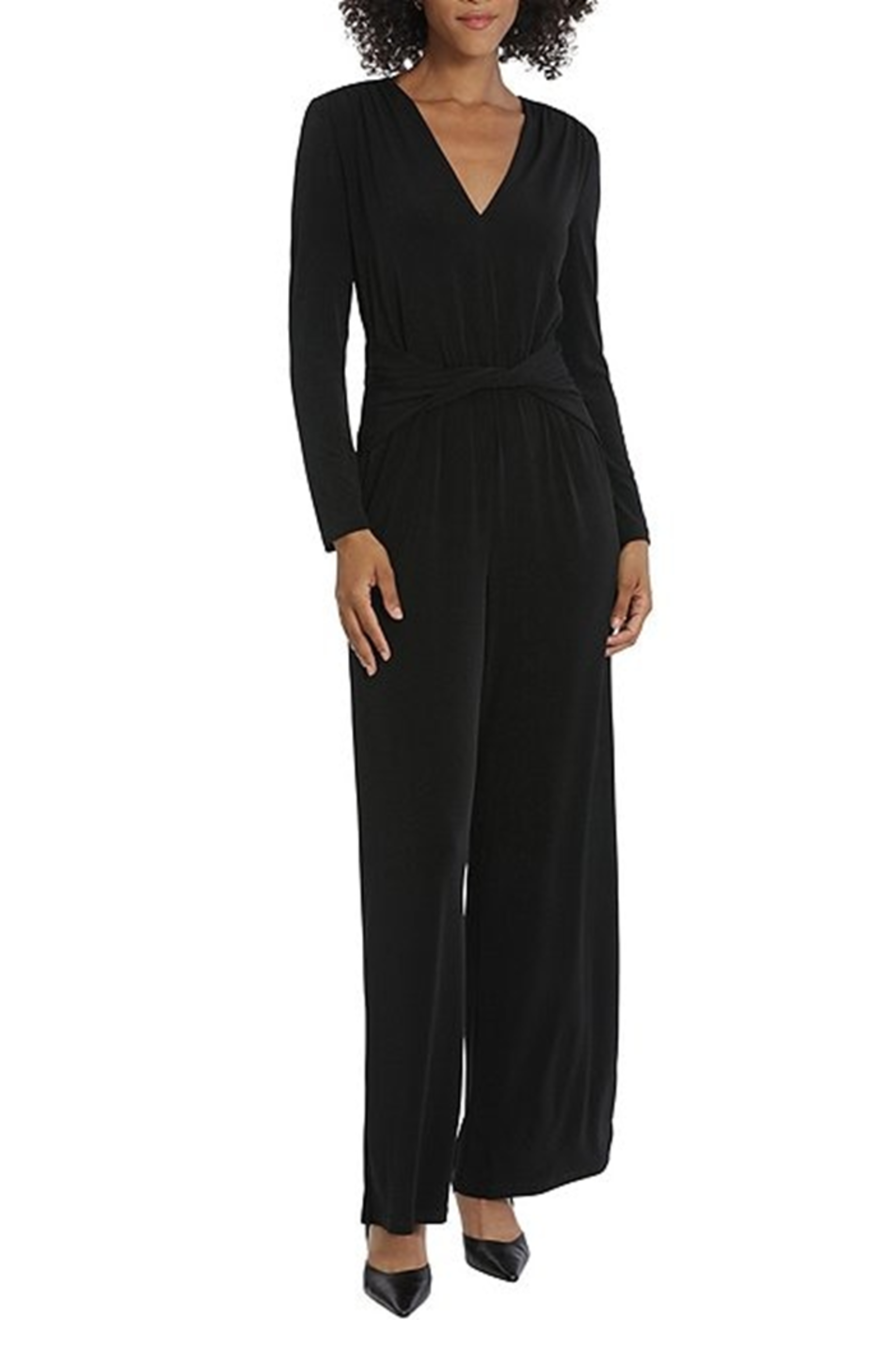 Wide Leg Twist-Waist Black V-Neck Shoulder Pad Jersey Evening Jumpsuit by Maggy London G5841M