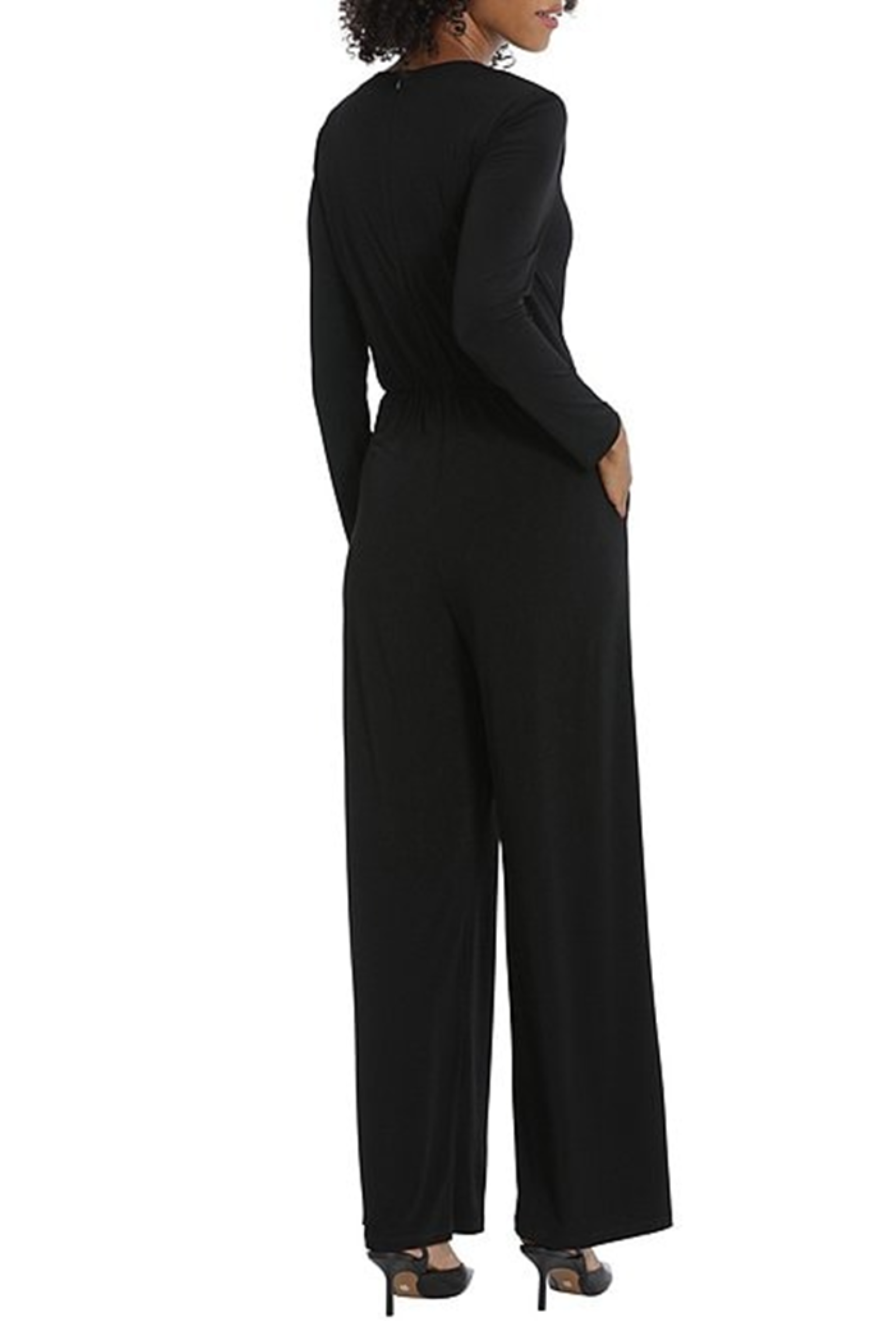 Wide Leg Twist-Waist Black V-Neck Shoulder Pad Jersey Evening Jumpsuit by Maggy London G5841M