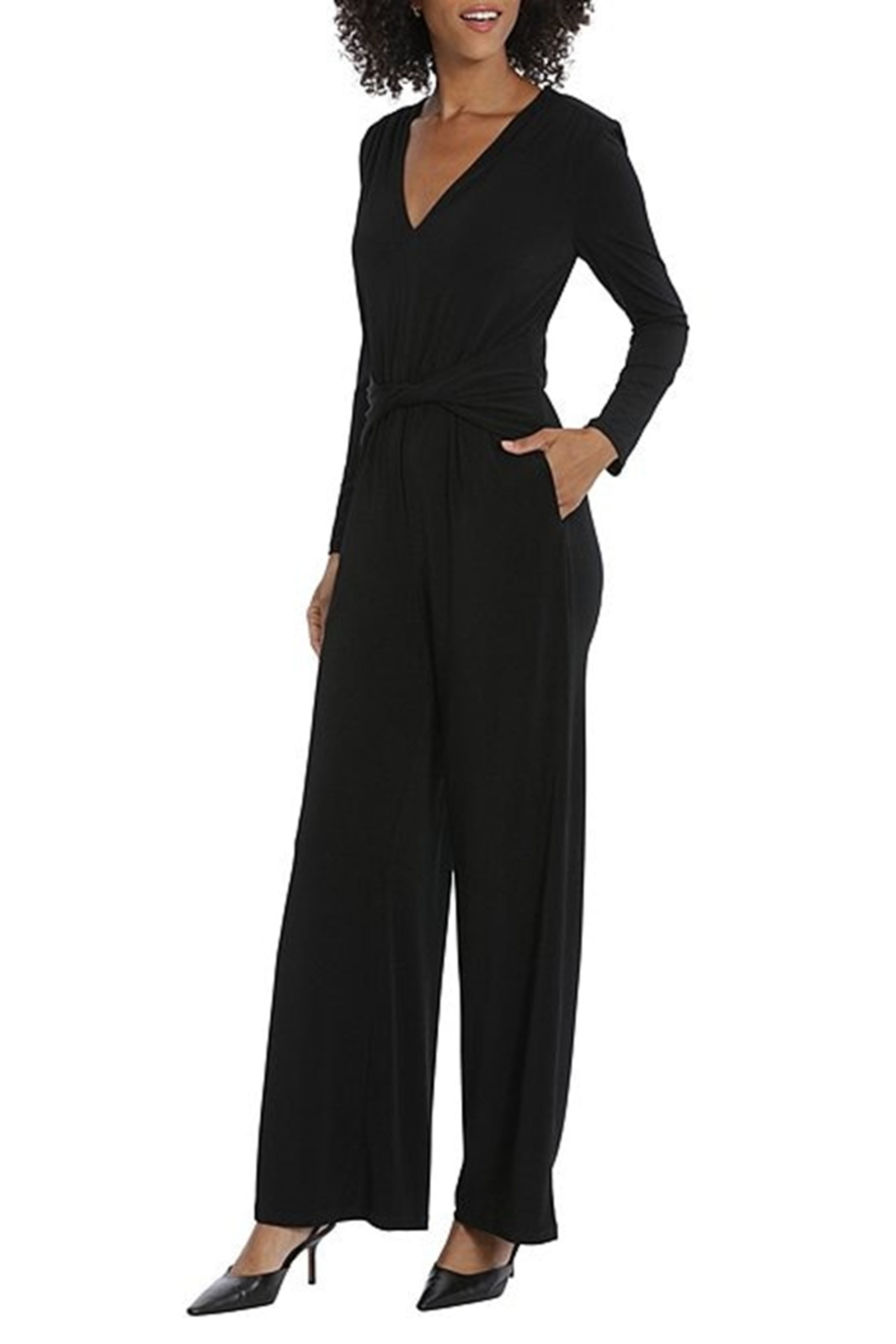 Wide Leg Twist-Waist Black V-Neck Shoulder Pad Jersey Evening Jumpsuit by Maggy London G5841M