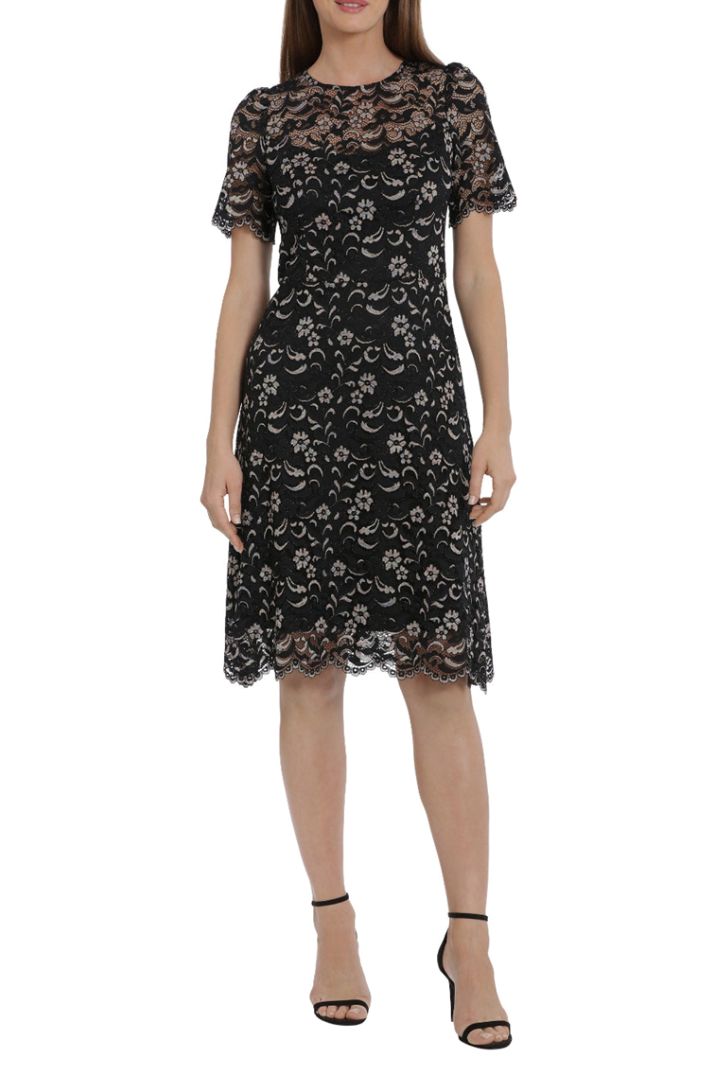 Floral Embroidered Lace Black Sweetheart Neckline Short Sleeve Floral Print Keyhole Back Sheath Dress by Maggy London G5861M
