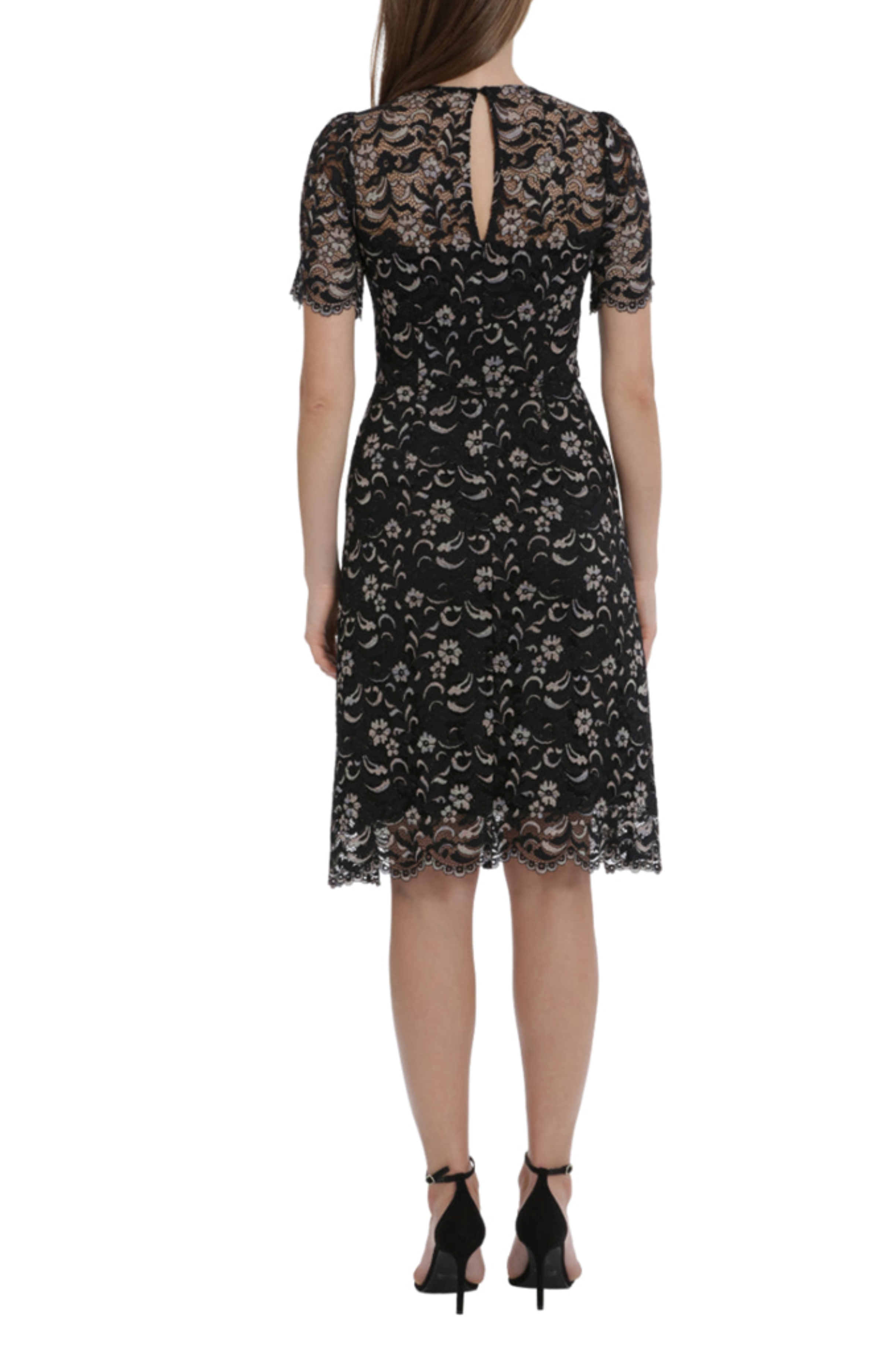 Floral Embroidered Lace Black Sweetheart Neckline Short Sleeve Floral Print Keyhole Back Sheath Dress by Maggy London G5861M