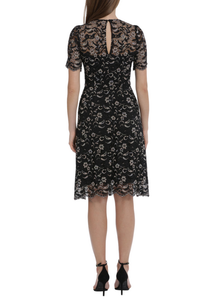 Floral Embroidered Lace Black Sweetheart Neckline Short Sleeve Floral Print Keyhole Back Sheath Dress by Maggy London G5861M