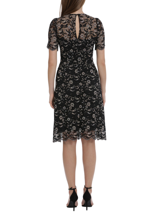 Floral Embroidered Lace Black Sweetheart Neckline Short Sleeve Floral Print Keyhole Back Sheath Dress by Maggy London G5861M