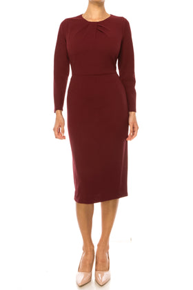 Maggy London G5888M Long Sleeve Pleated Neck Zinfandel Crew Neckline Side Slit Bubble Crepe Sheath Dress