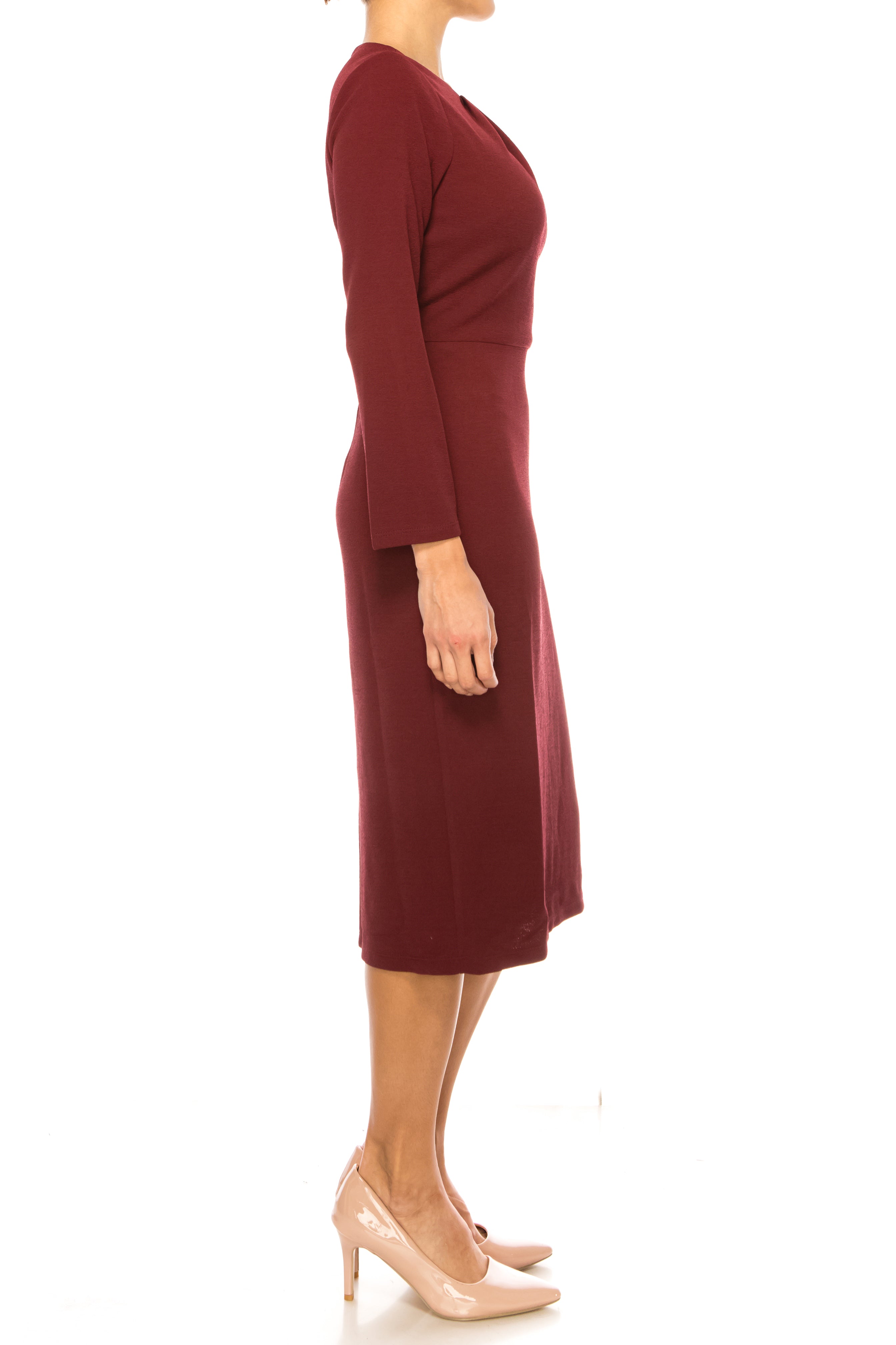 Long Sleeve Pleated Neck Zinfandel Crew Neckline Side Slit Bubble Crepe Sheath Dress by Maggy London G5888M