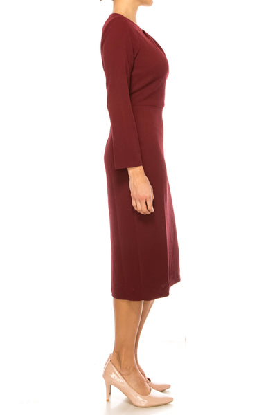 Long Sleeve Pleated Neck Zinfandel Crew Neckline Side Slit Bubble Crepe Sheath Dress by Maggy London G5888M
