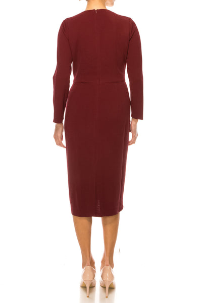 Long Sleeve Pleated Neck Zinfandel Crew Neckline Side Slit Bubble Crepe Sheath Dress by Maggy London G5888M
